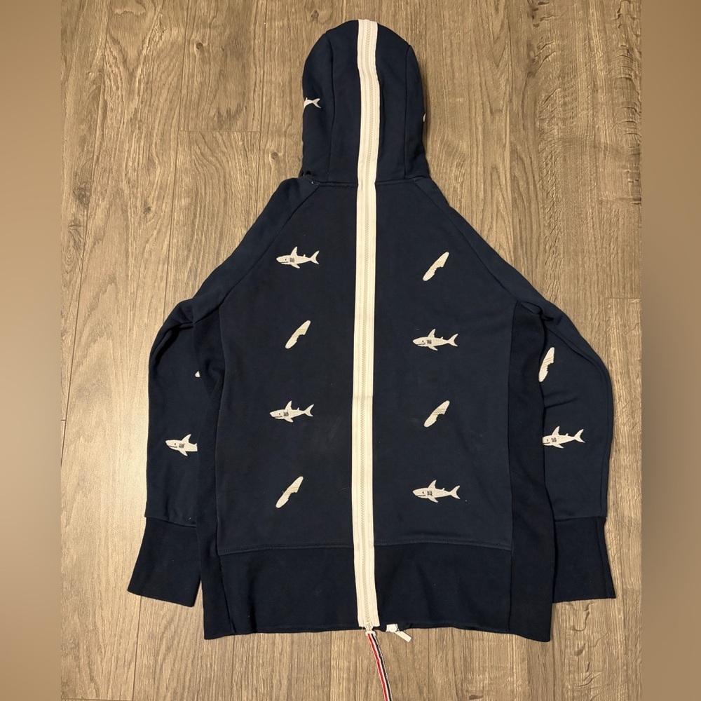 Thom Browne Navy and White Shark Zip Hoodie image 6